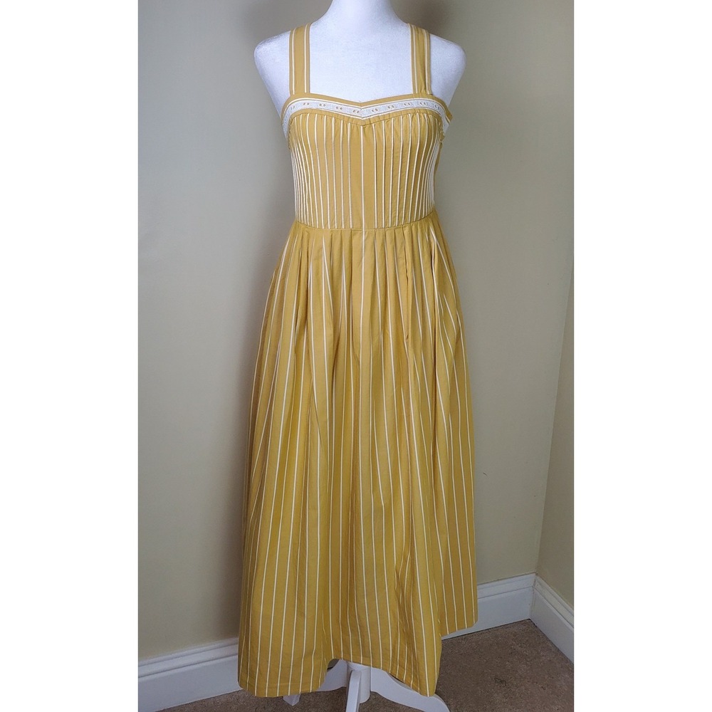 The Great Laurel Dress Yellow Striped Sundress Midi 0 Smocked Eyelet Cross Back